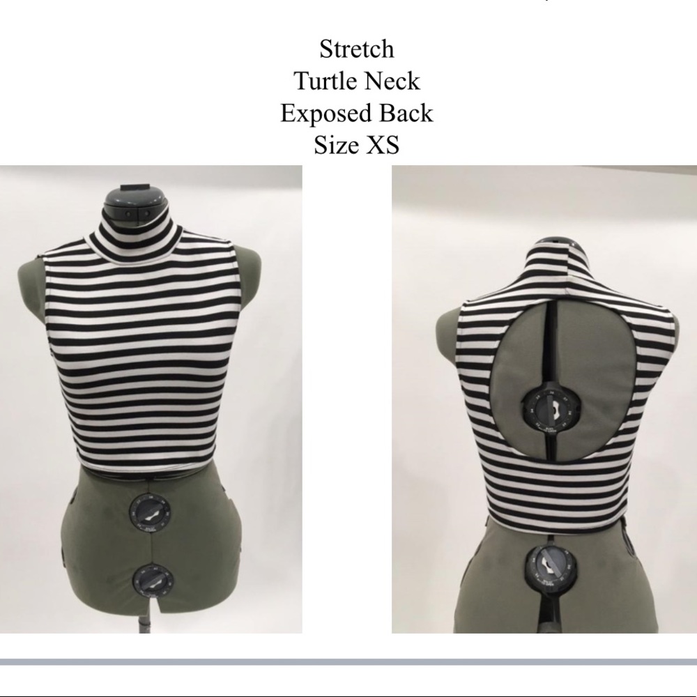 Stretchy, black and white, crop-top shirt.
